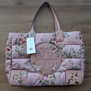NWT Tory Burch Ella Brocade Mini Puffer Tote Bag In Sugar Berry